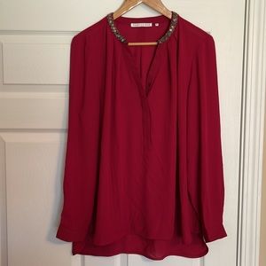 Violet + Claire Deep Red Long Sleeve V Neck Casual or Career Blouse Size XL
